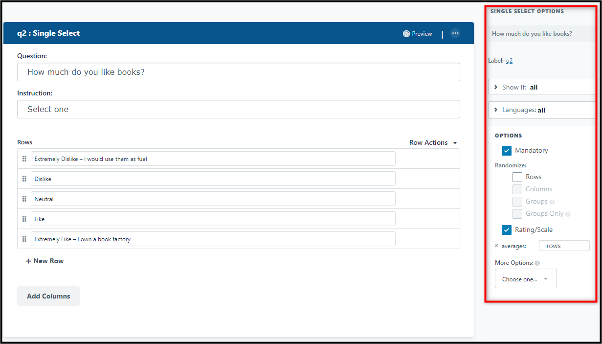 The options available for configuring question and response settings are displayed to the right of the staging area.