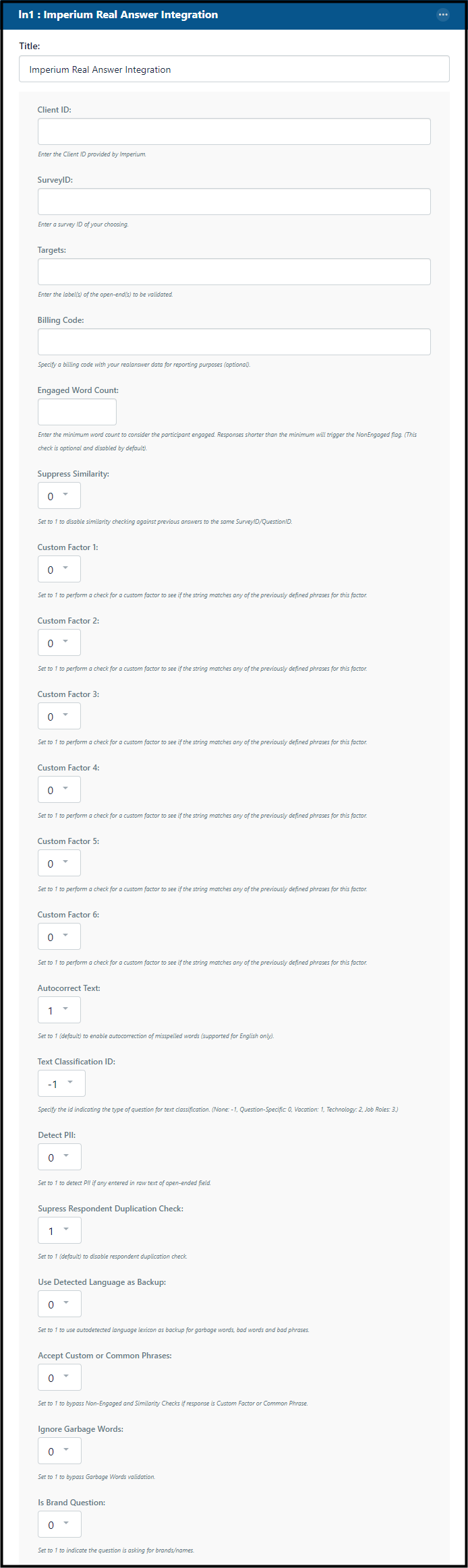 Form for setting up the Imperium RealAnswer Question